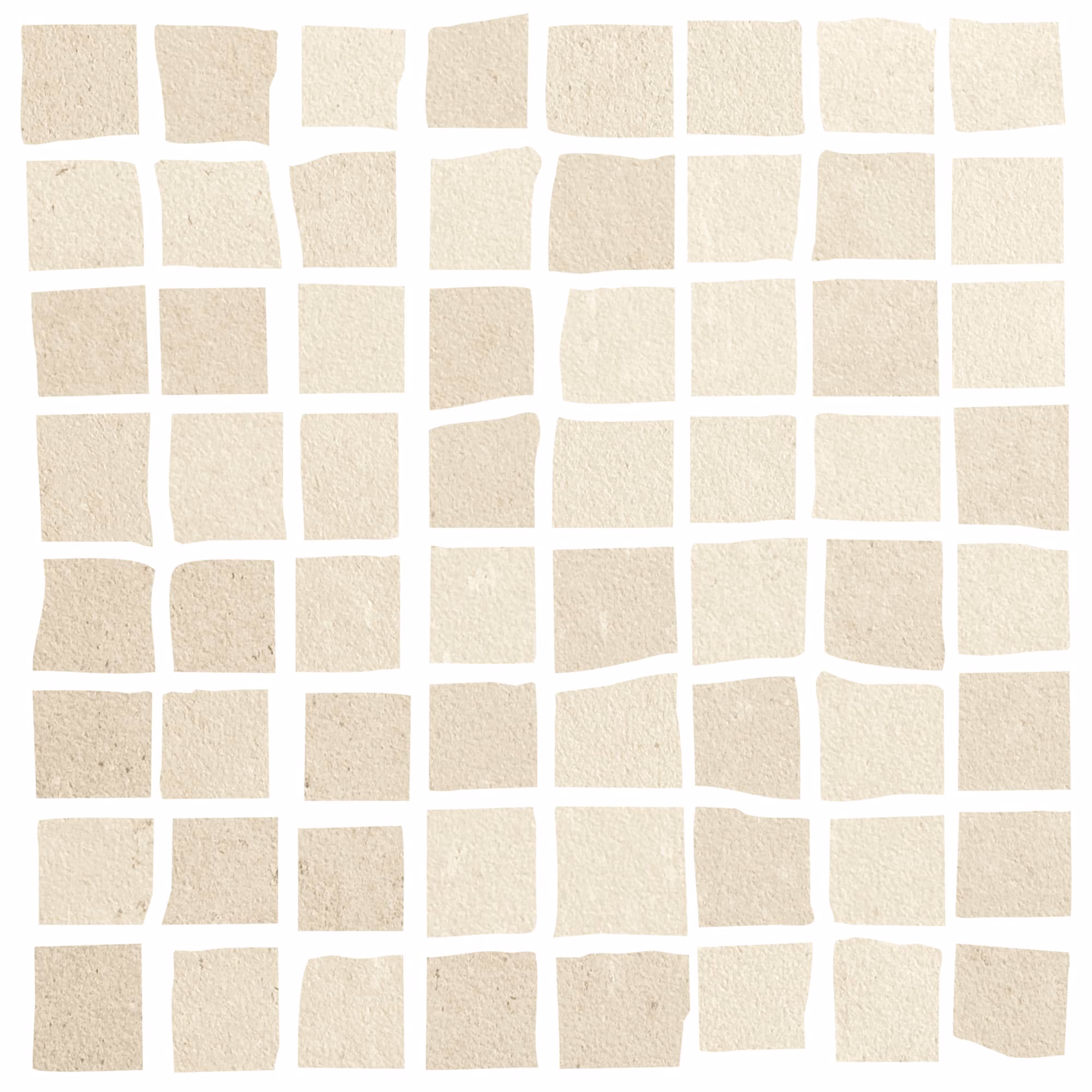 Abstract light grey mosaic pattern of irregular square tiles with textured surface on white background.