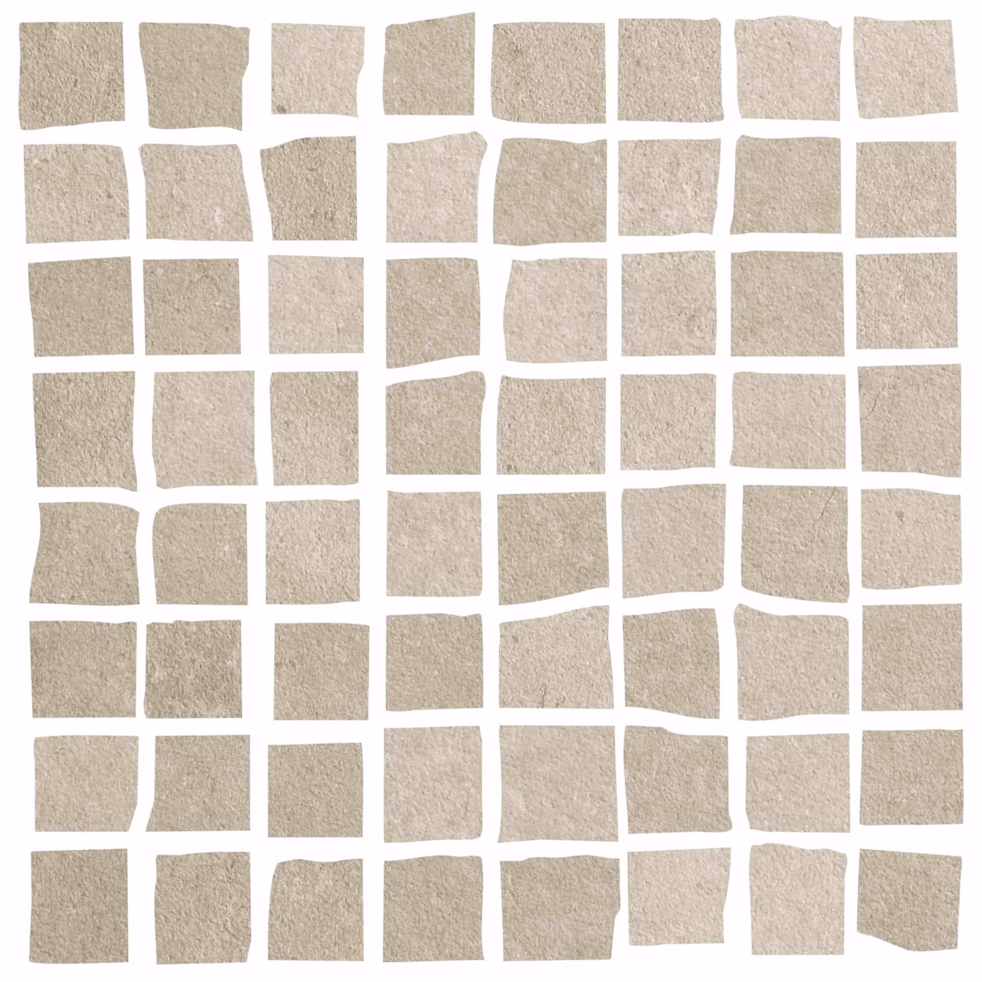 Pattern of irregular square light gray stone tiles with white grout lines in a grid layout.