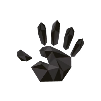 3D black geometric shapes arranged to form a handprint on a dark background.