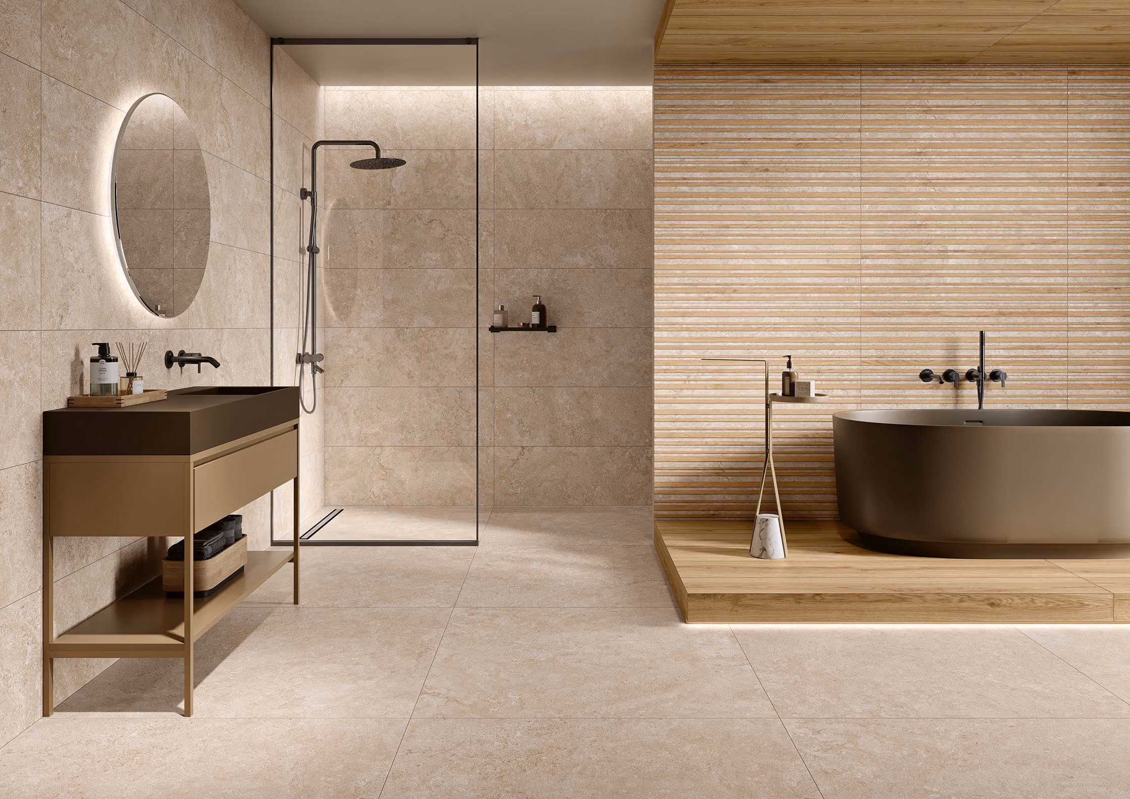 Modern beige bathroom with round mirror, walk-in shower, freestanding tub, and wooden accents.