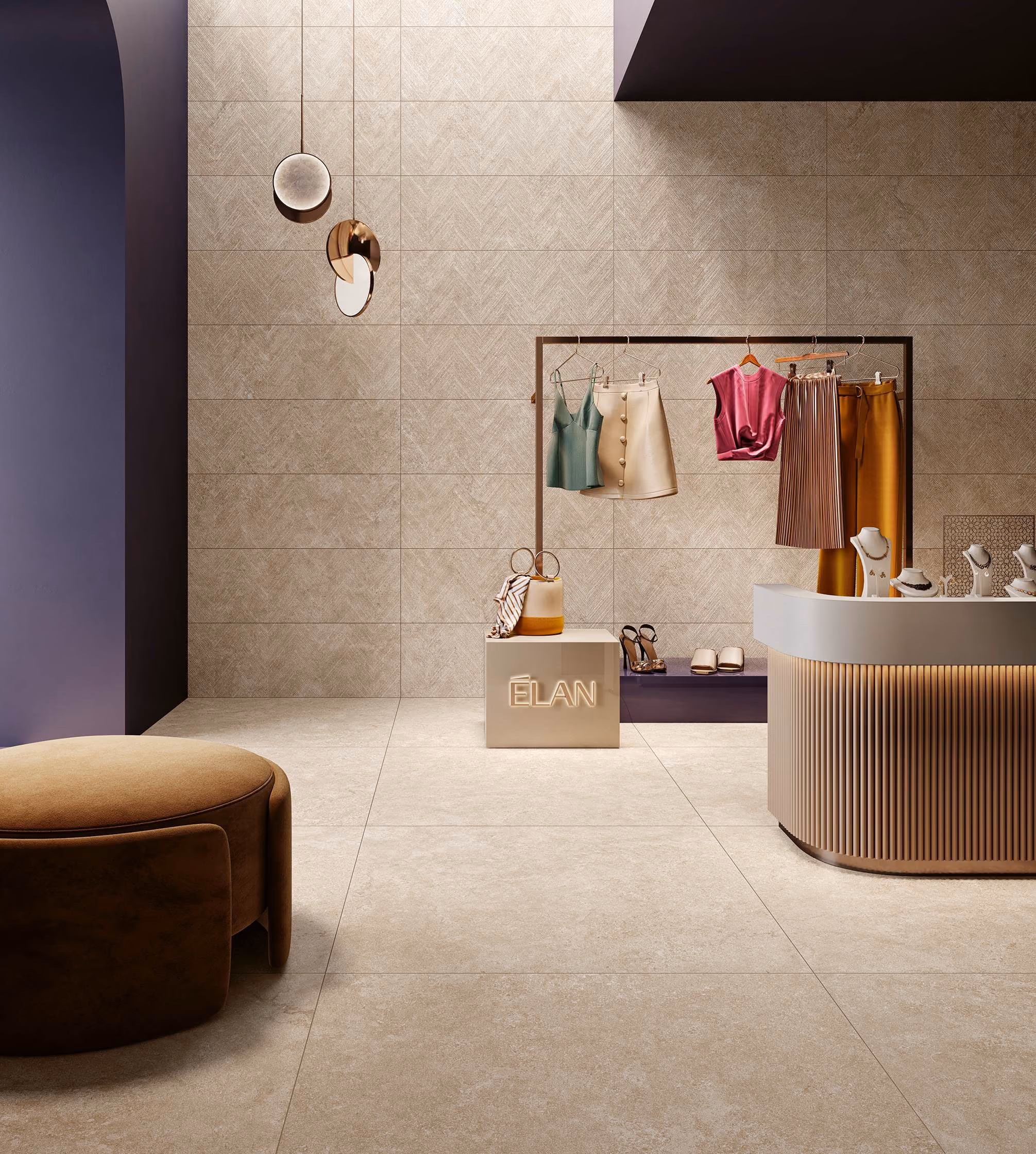 Modern boutique with clothes, shoes, jewelry on display and beige tiled floor and walls.