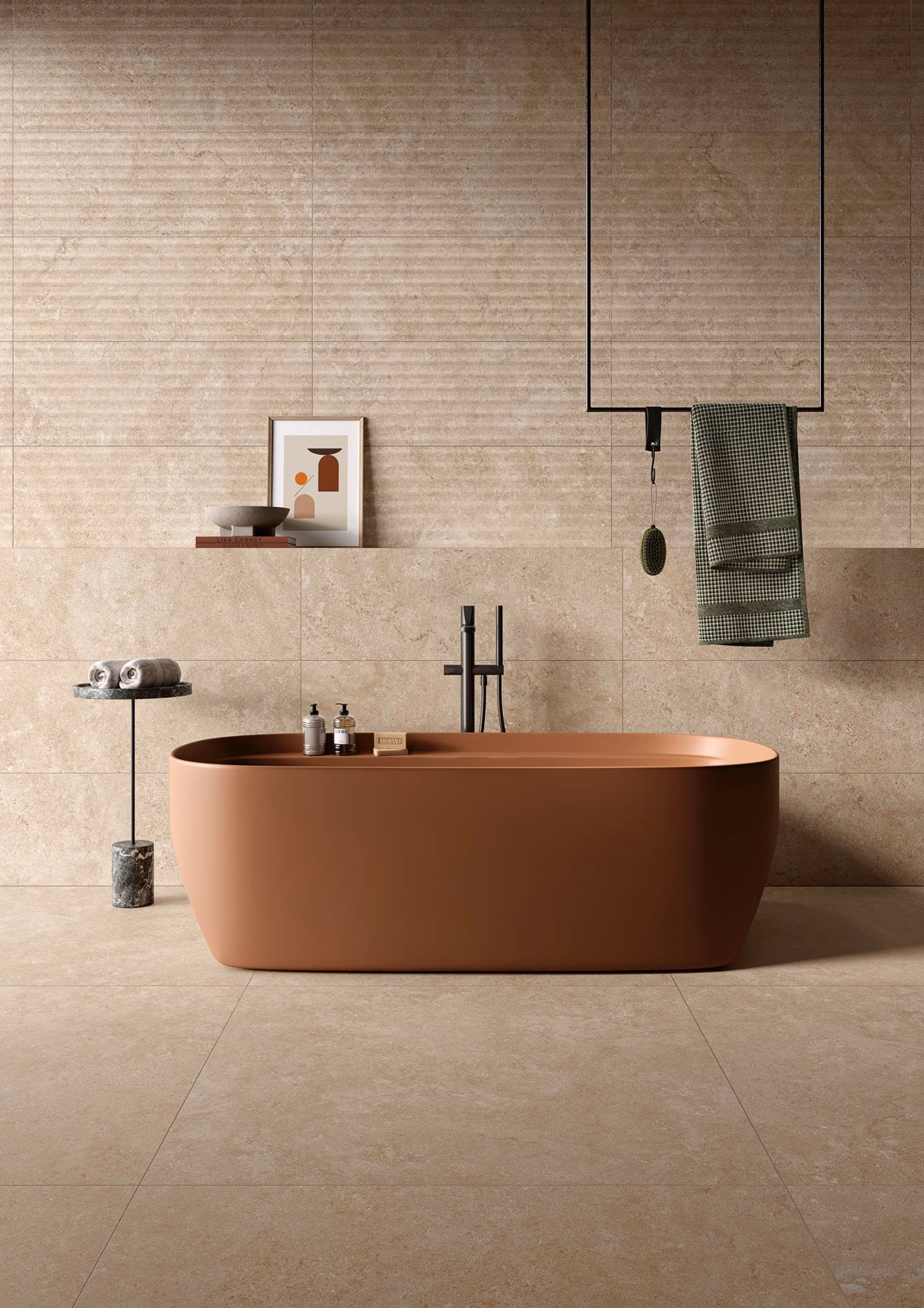 Modern bathroom with a brown freestanding bathtub, beige tiled walls, and minimal accessories.