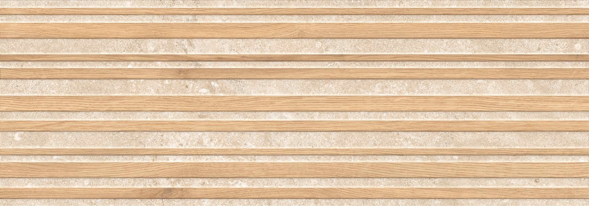 Alternating horizontal beige stone and light wood grain textured stripes pattern.