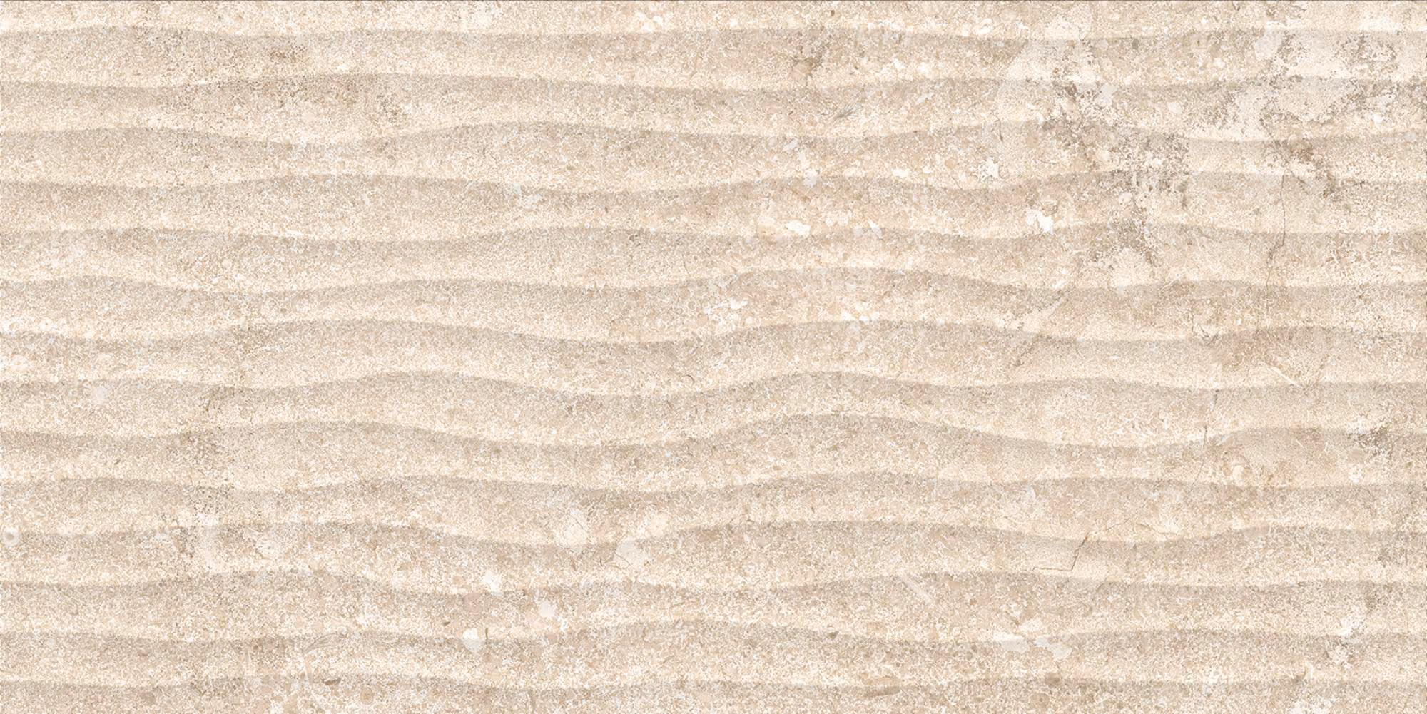 Textured beige stone surface with subtle wavy horizontal striations.