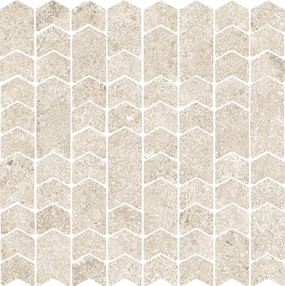 Beige mosaic tile pattern with vertical arrow-shaped pieces forming a textured surface.
