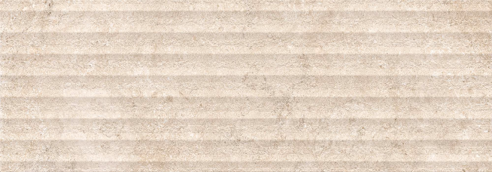 Beige textured tile with horizontal ridges and natural stone appearance.
