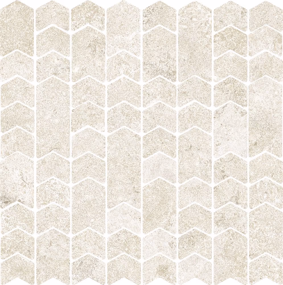 Chevron-shaped tiles in varying shades of white and light gray with a textured stone pattern.