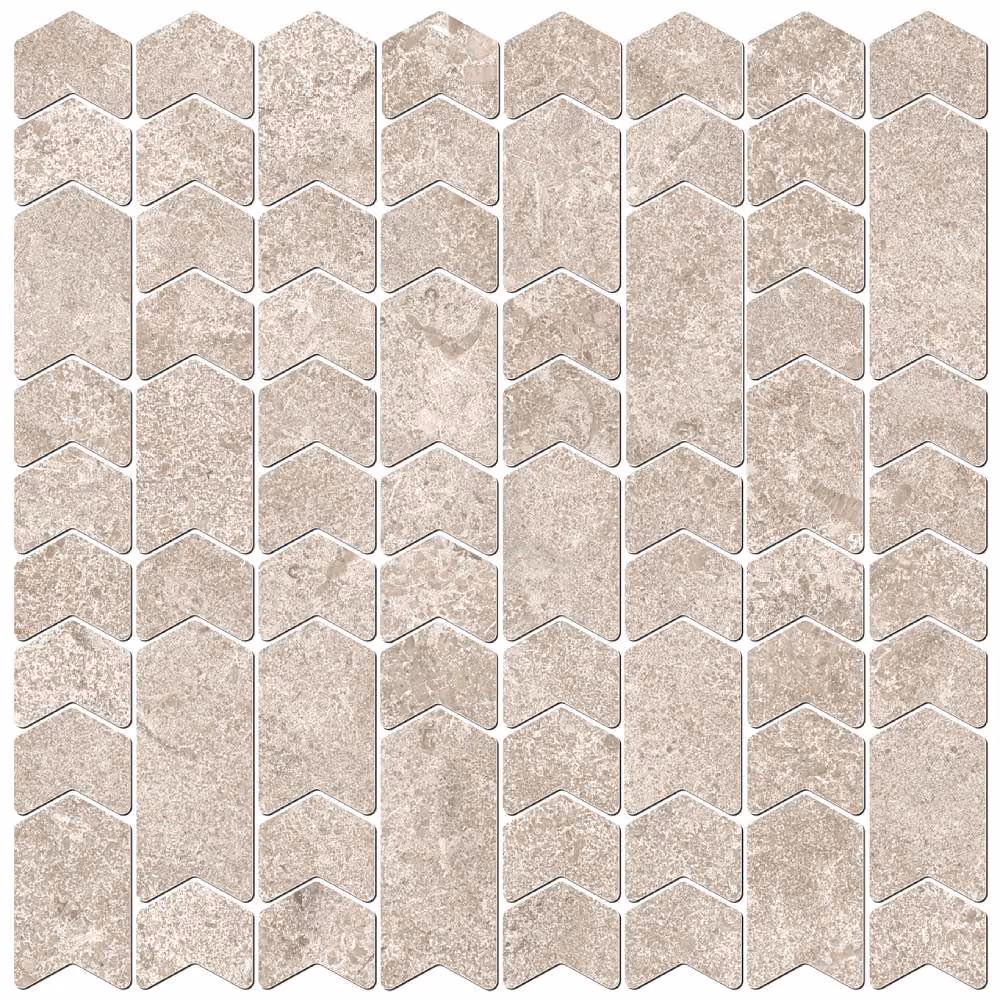 Gray stone mosaic tiles arranged in vertical columns with arrow-shaped patterns.