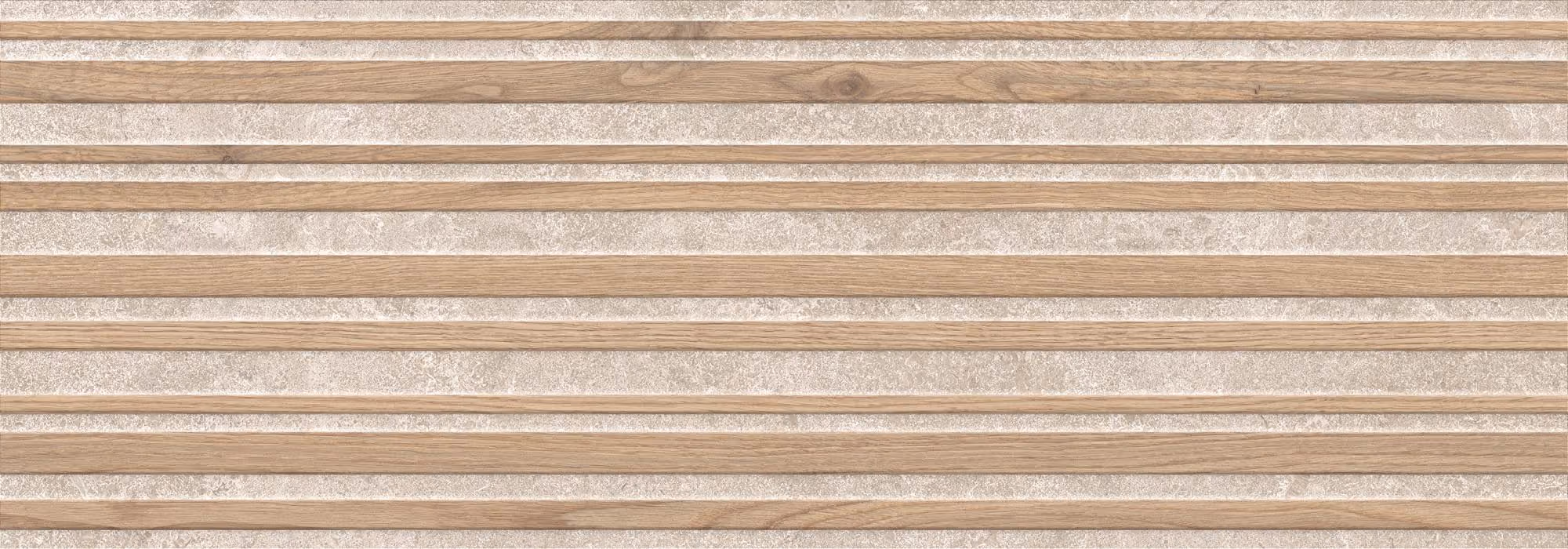 Horizontal beige stone pattern with varying widths of light wood grain stripes.