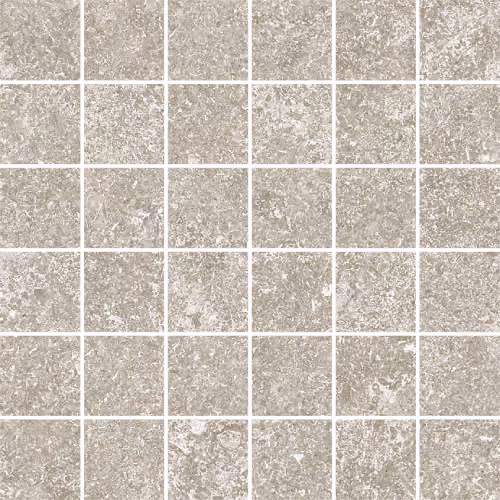 Grid of gray stone mosaic tiles with varied textured patterns.