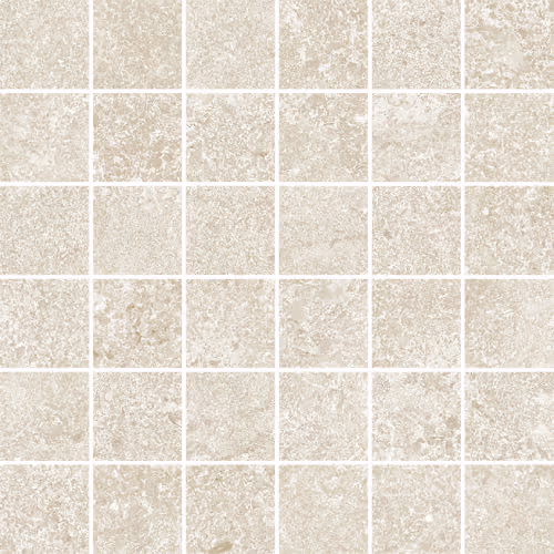 Grid of beige stone tiles with textured patterns and grout lines in between each tile.