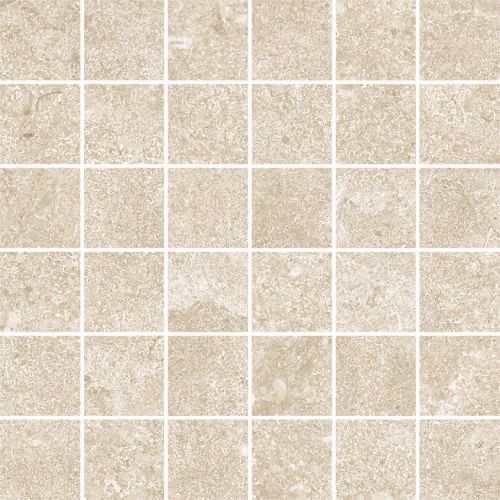 Grid of beige stone mosaic tiles with subtle natural texture and white grout lines.