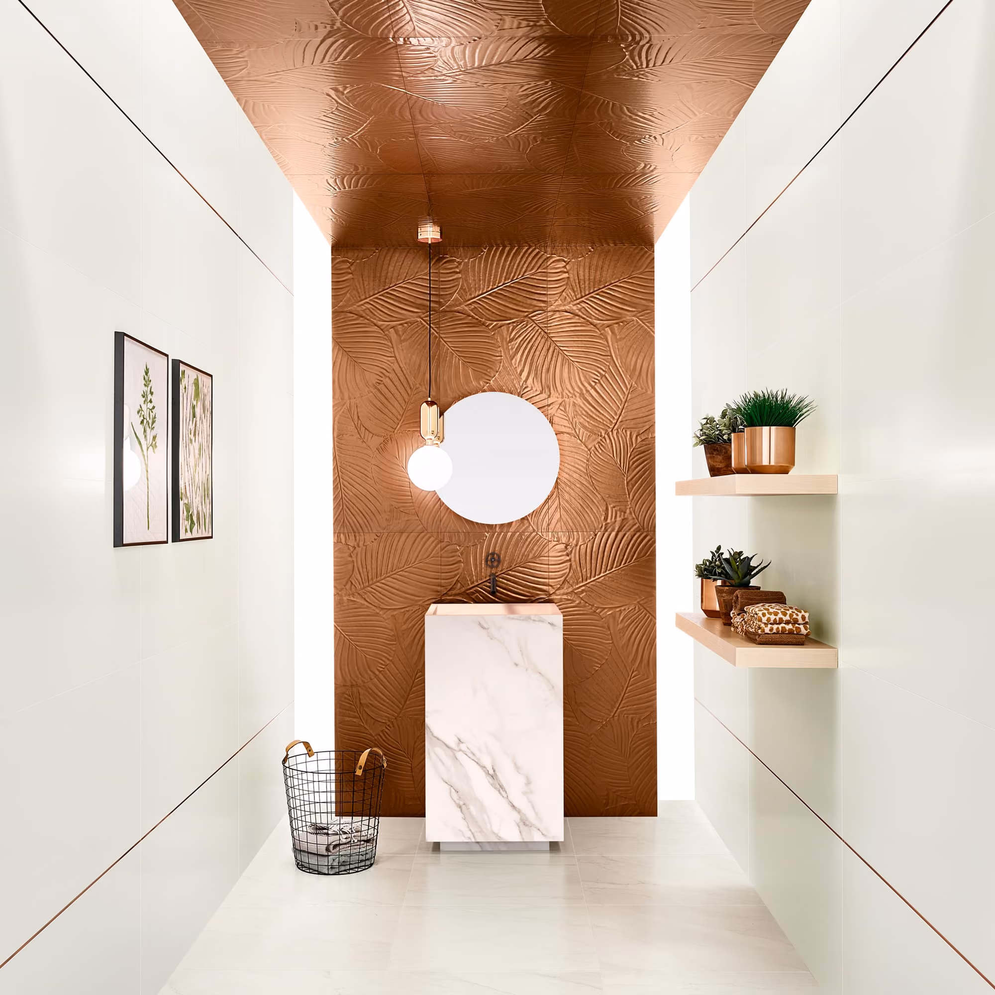 Modern bathroom with copper embossed wall, round mirror, marble sink, and decorative plants on shelves.