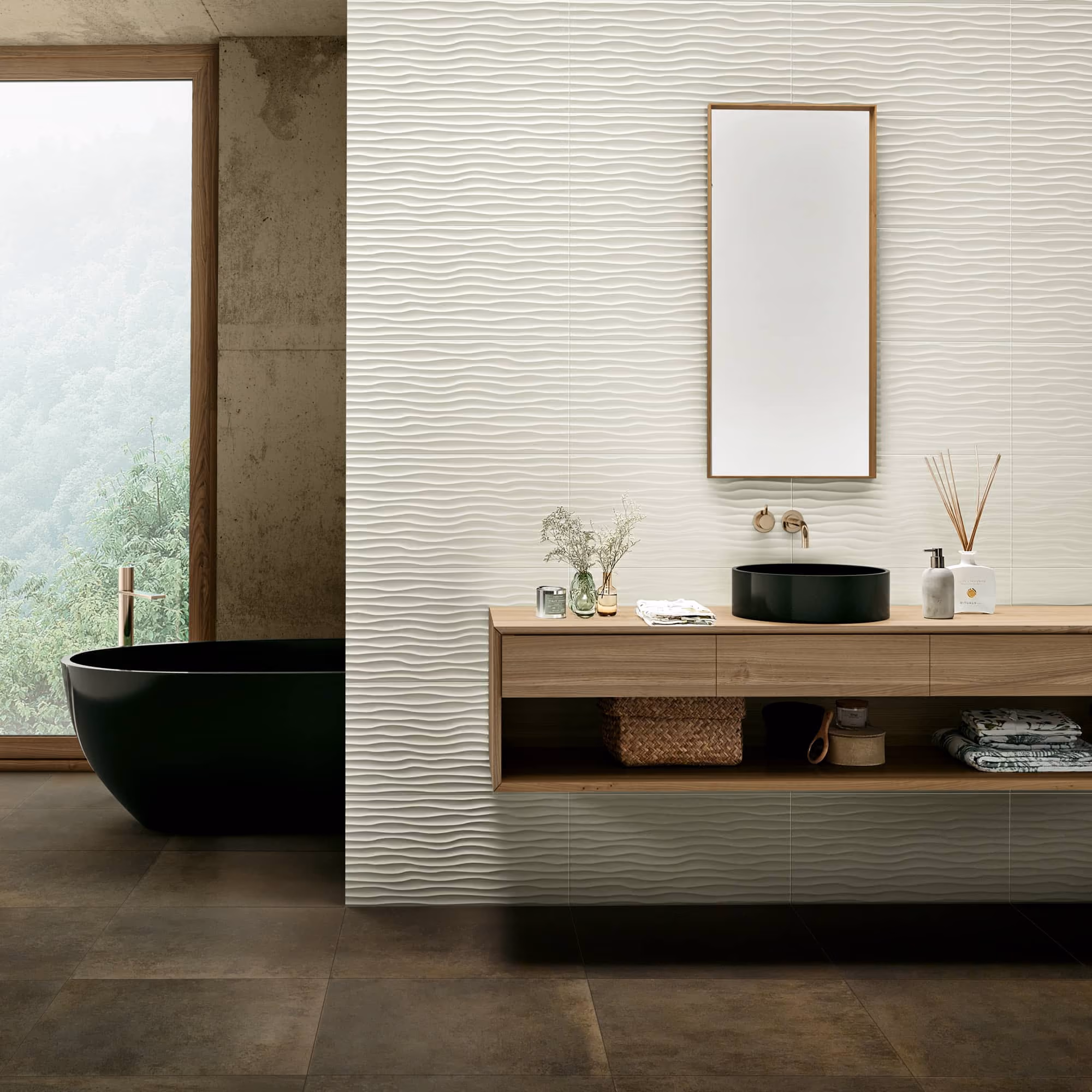 Modern bathroom with black freestanding tub, textured white wall, wooden vanity, round sink, and rectangular mirror.