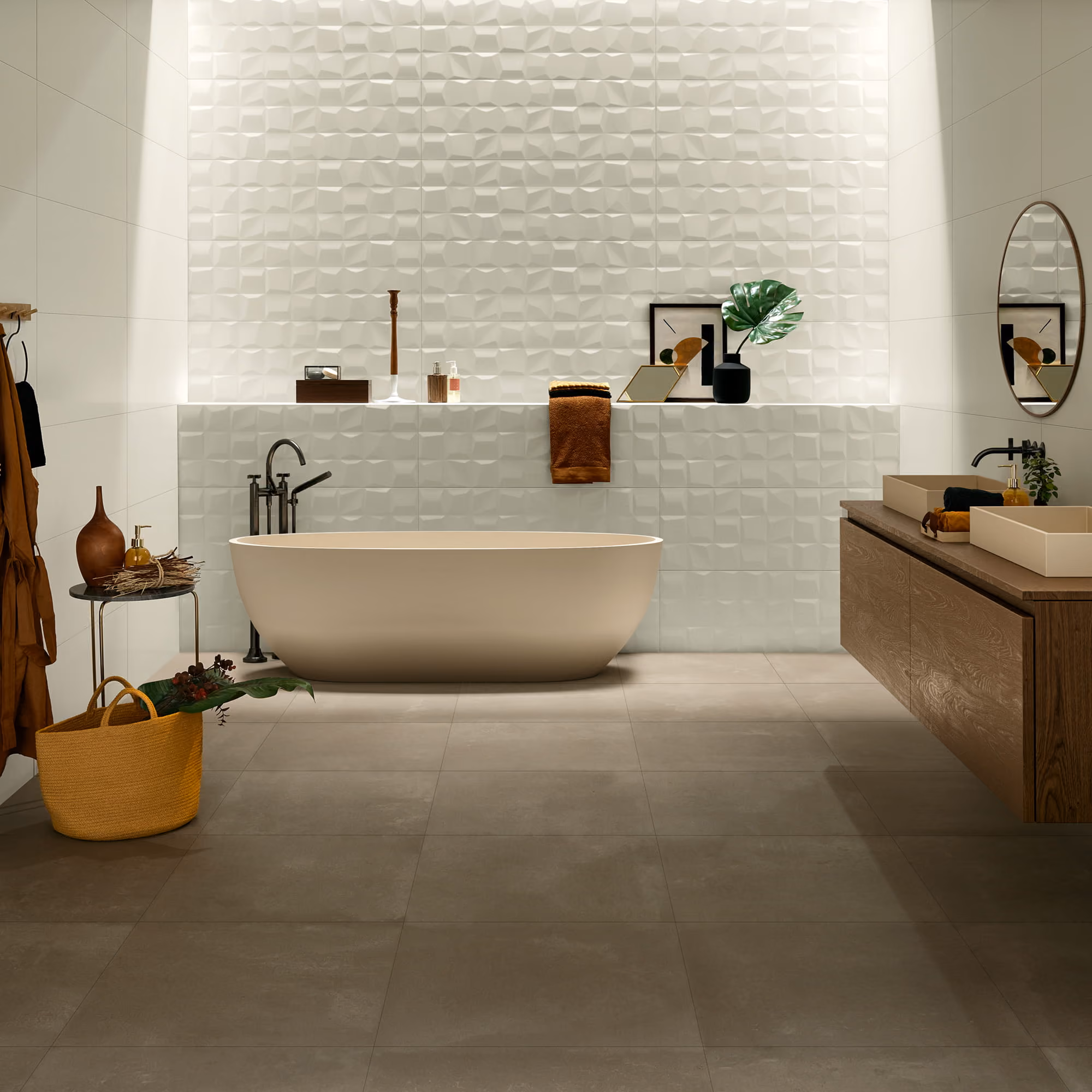 Modern bathroom with a freestanding tub, textured white wall tiles, wood vanity, and decorative green plant.