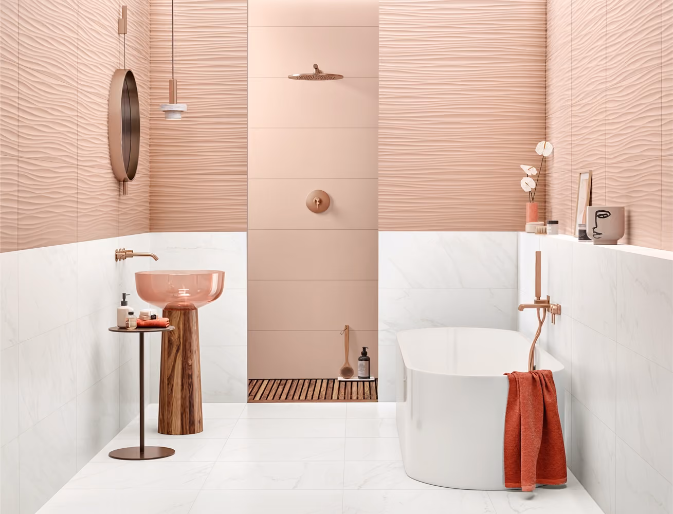 Modern bathroom with textured beige walls, freestanding bathtub, copper sink, and shower area.
