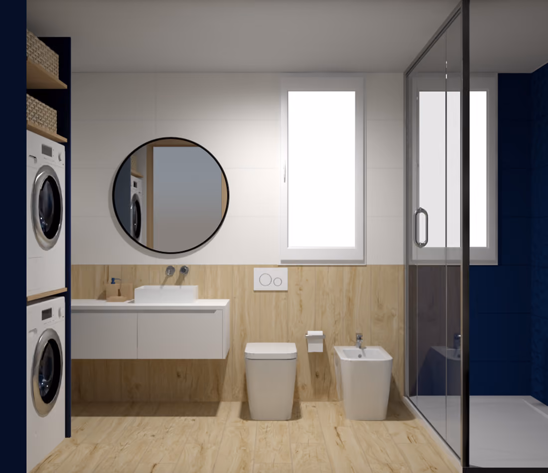 Modern bathroom with wood floor, white sink, toilet, bidet, glass shower, and stacked washer and dryer.