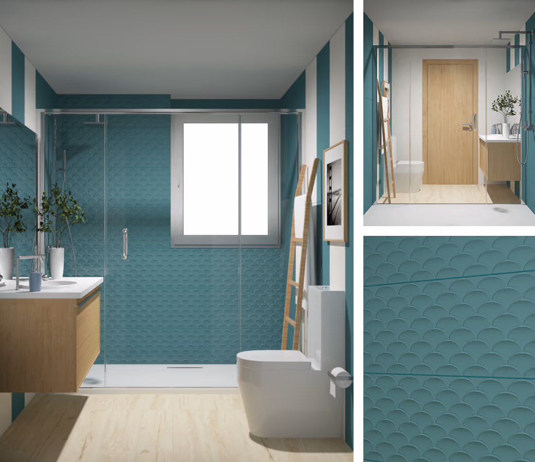 Modern bathroom with teal fish scale tiles, glass shower, wooden vanity, toilet, and light wood floor.
