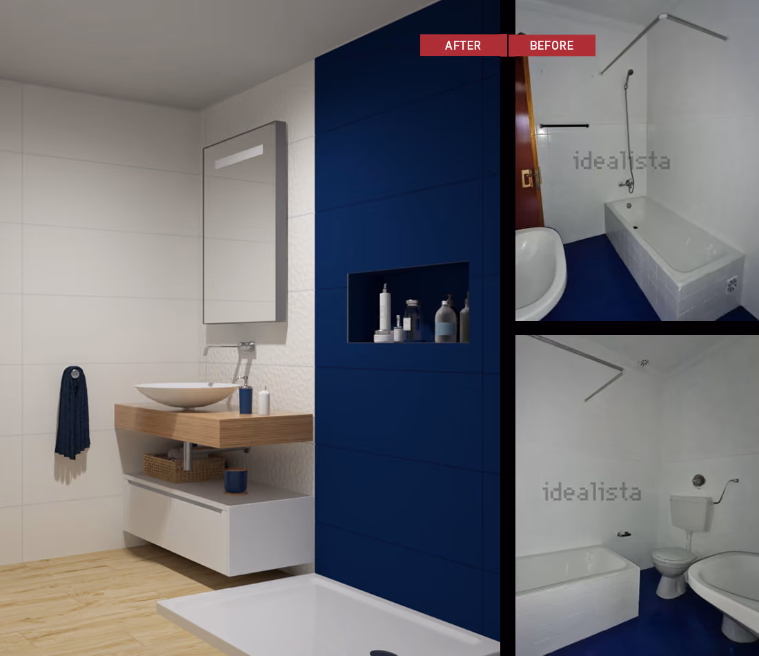 Bathroom remodel showing a modern sink with wooden shelf and blue tiled wall, before and after views.