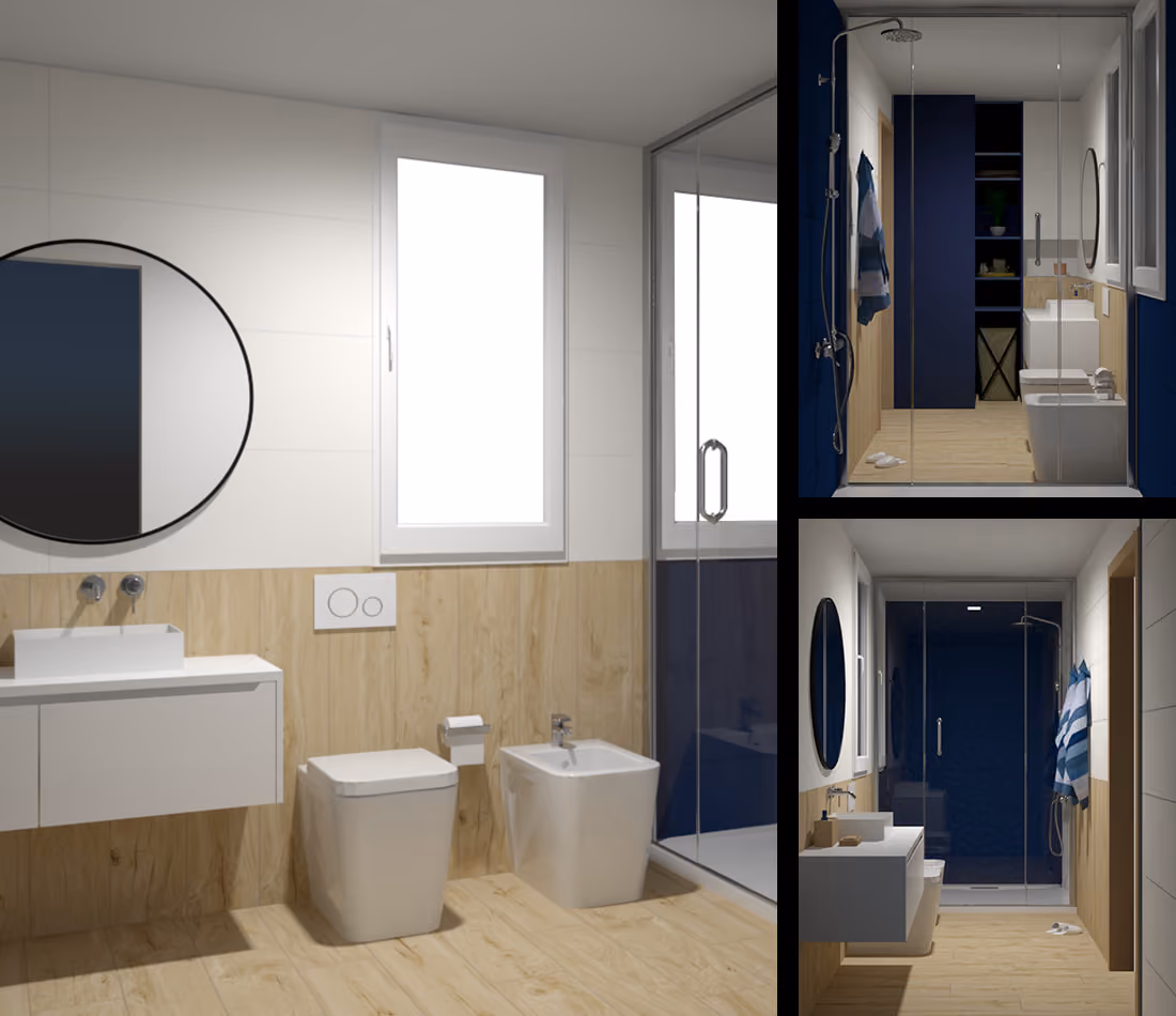 Modern bathroom with light wood floor, wall paneling, white fixtures, round mirror, and glass shower.