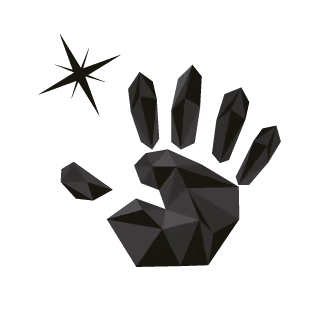 Black geometric polygonal shape resembling a hand with an asterisk symbol next to it on a dark background.