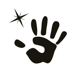 Black handprint with spark-like shape on dark background.