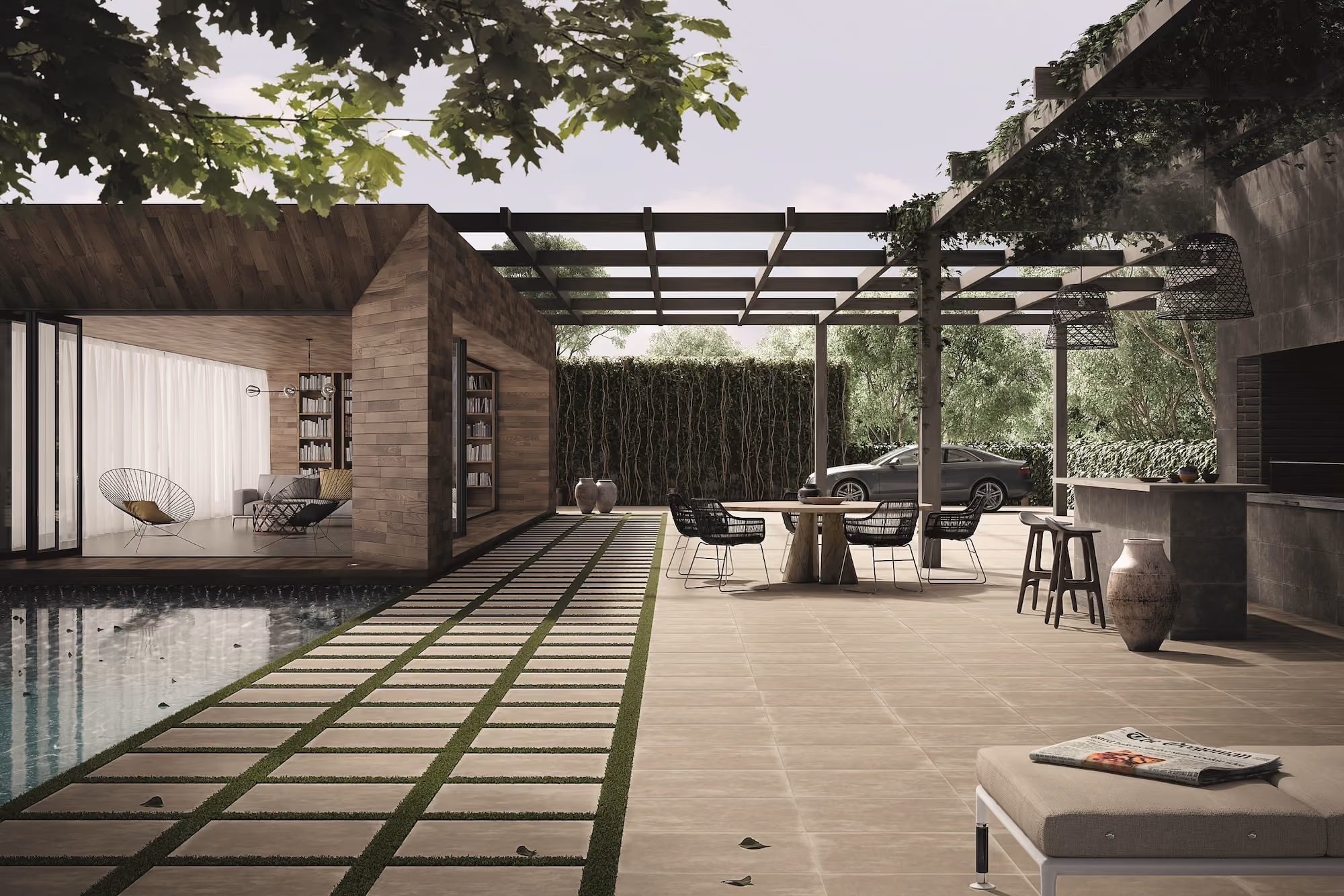 Modern outdoor patio with tiled floor, dining table, chairs, pool, and wooden-clad lounge room.