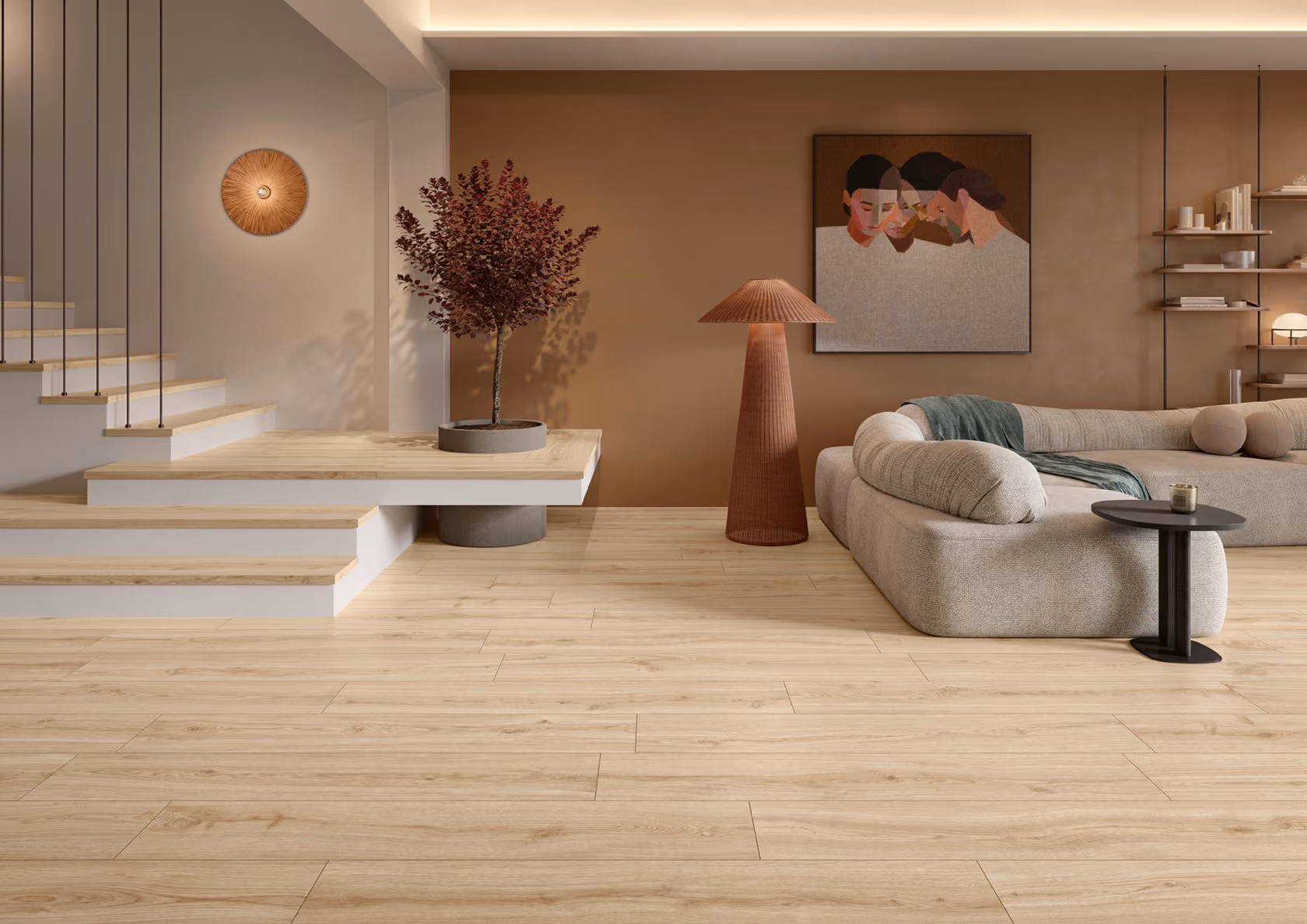 Modern living room with wooden floors, light beige sofa, floor lamp, plant, and abstract portrait on wall.
