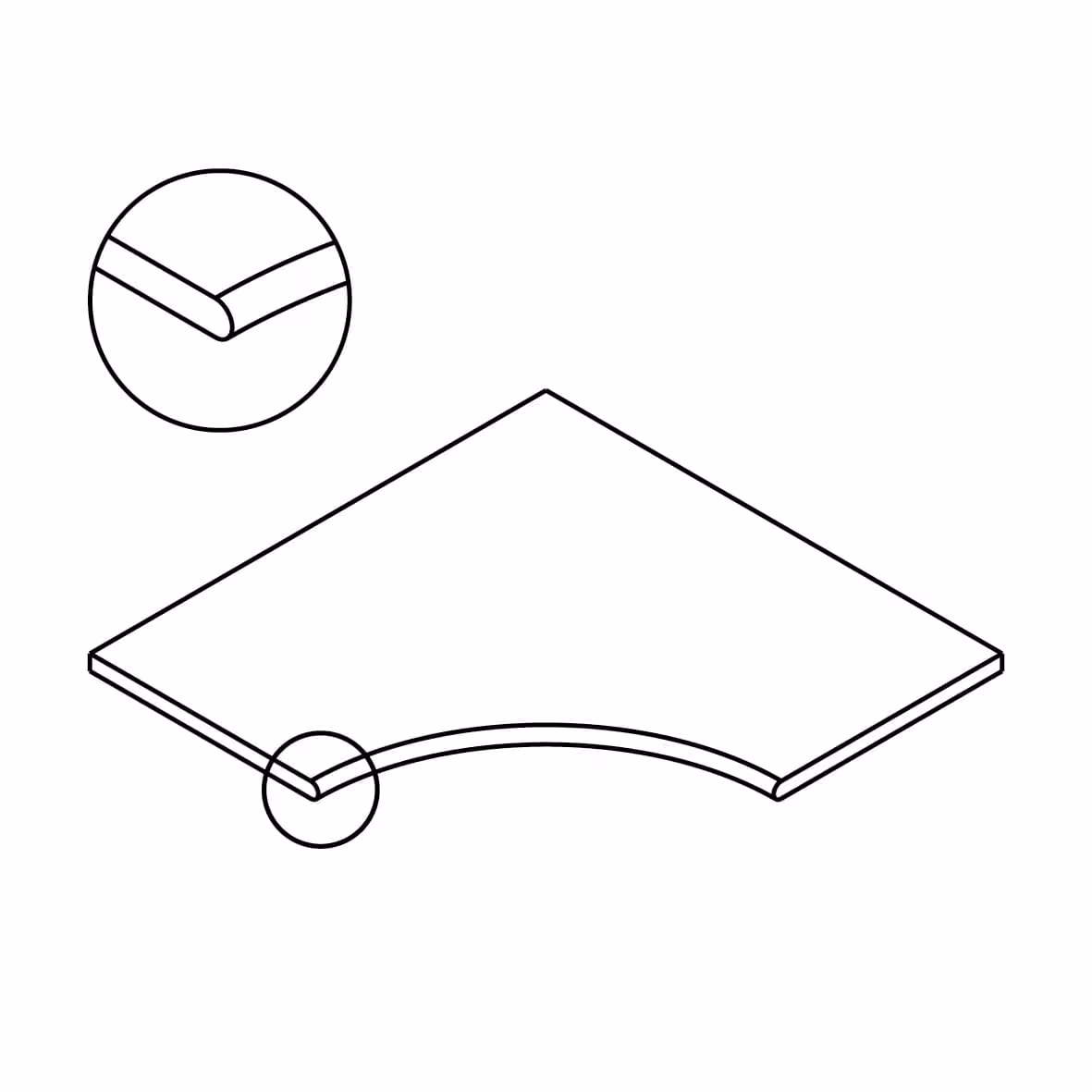 Diagram of a tile with a bullnose finish on the curved edge and a close-up of the rounded corner.