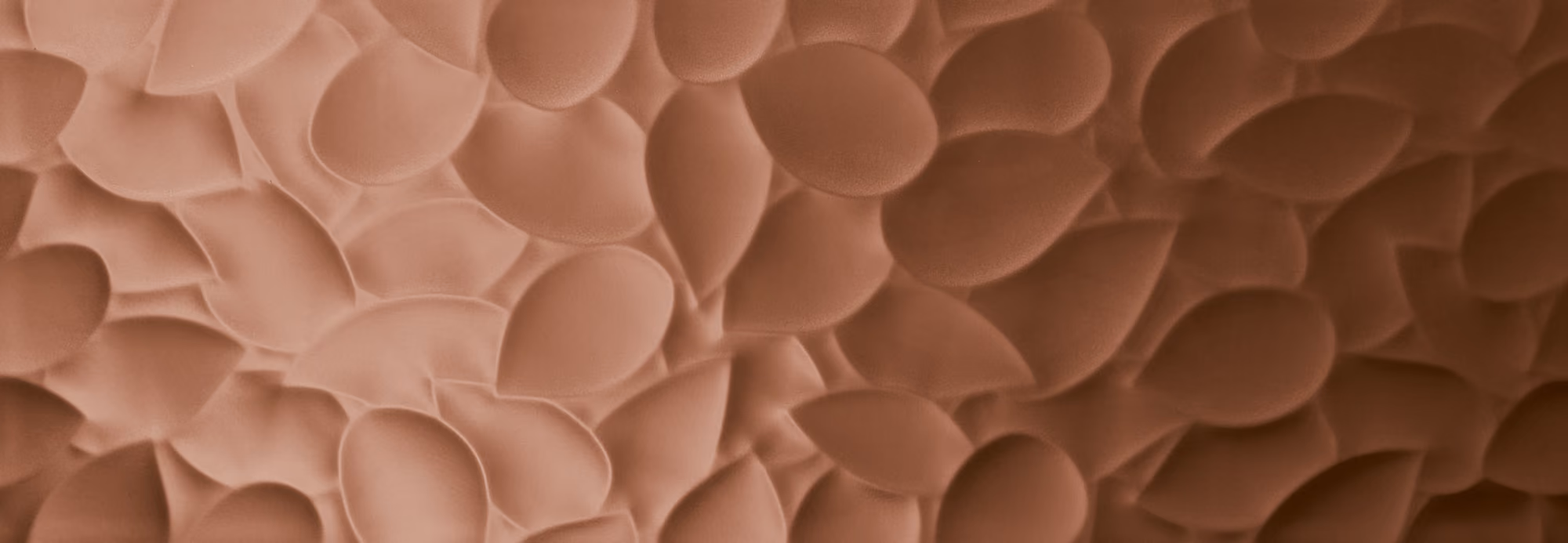 Texture of overlapping smooth, rounded leaf-shaped forms in copper color.