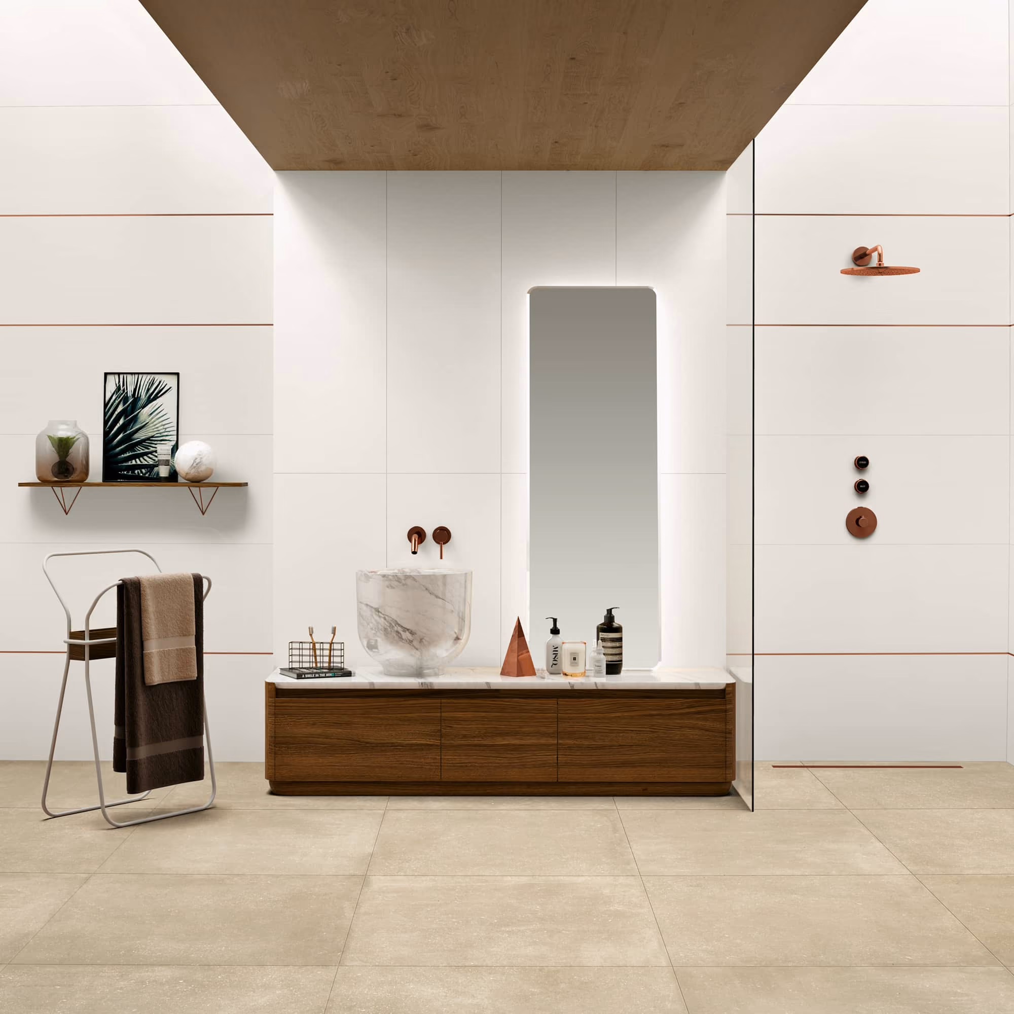 Modern bathroom with marble sink, backlit mirror, wooden vanity, and rain shower on white tiled walls.
