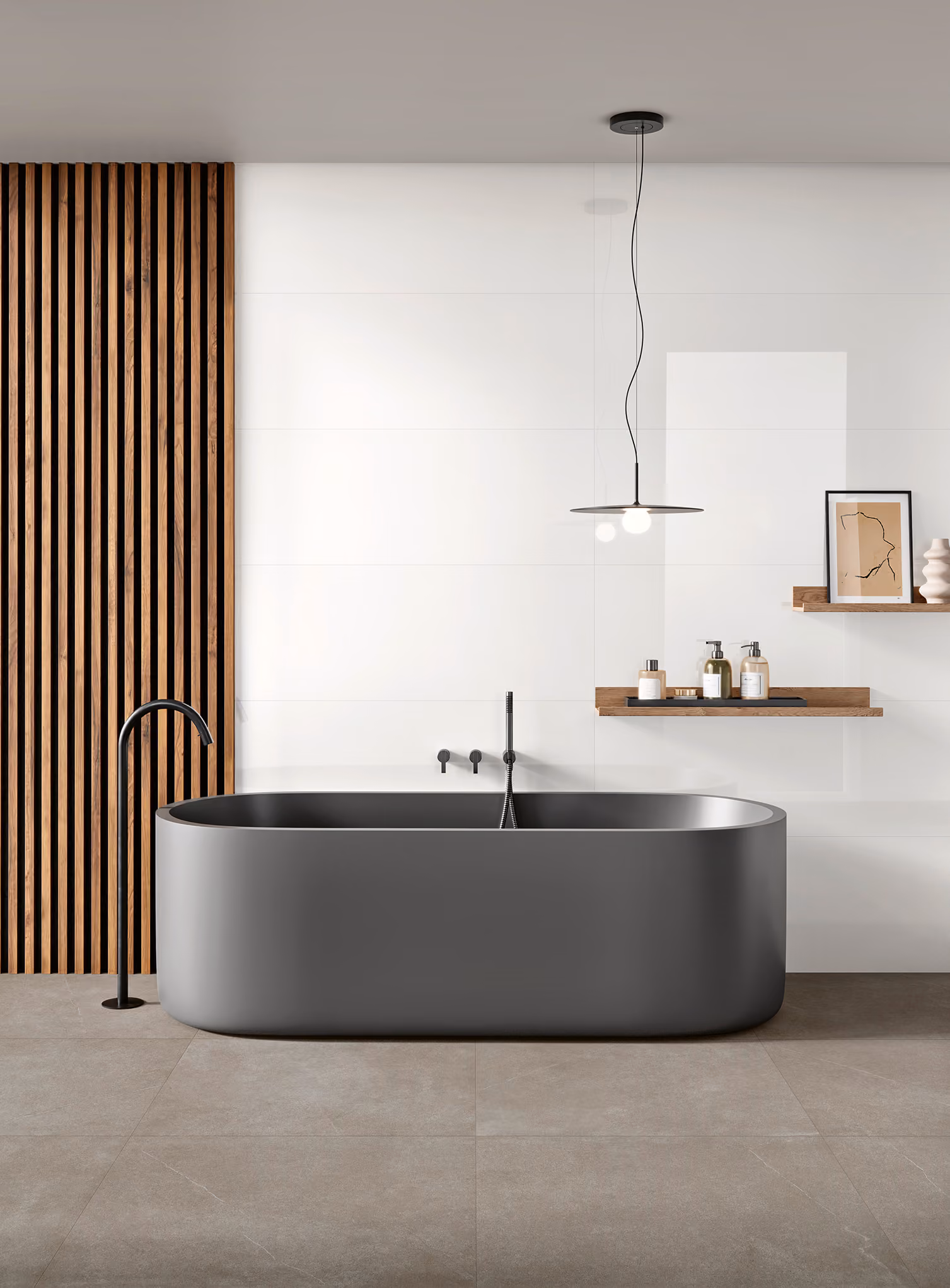 Modern bathroom with matte black freestanding tub, wooden slat wall, floating shelves, and pendant light.