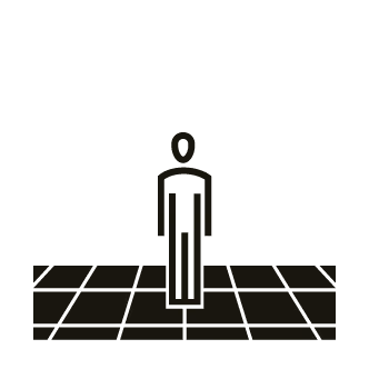 Silhouette of a person standing on a tiled floor with shadows cast across the tiles.