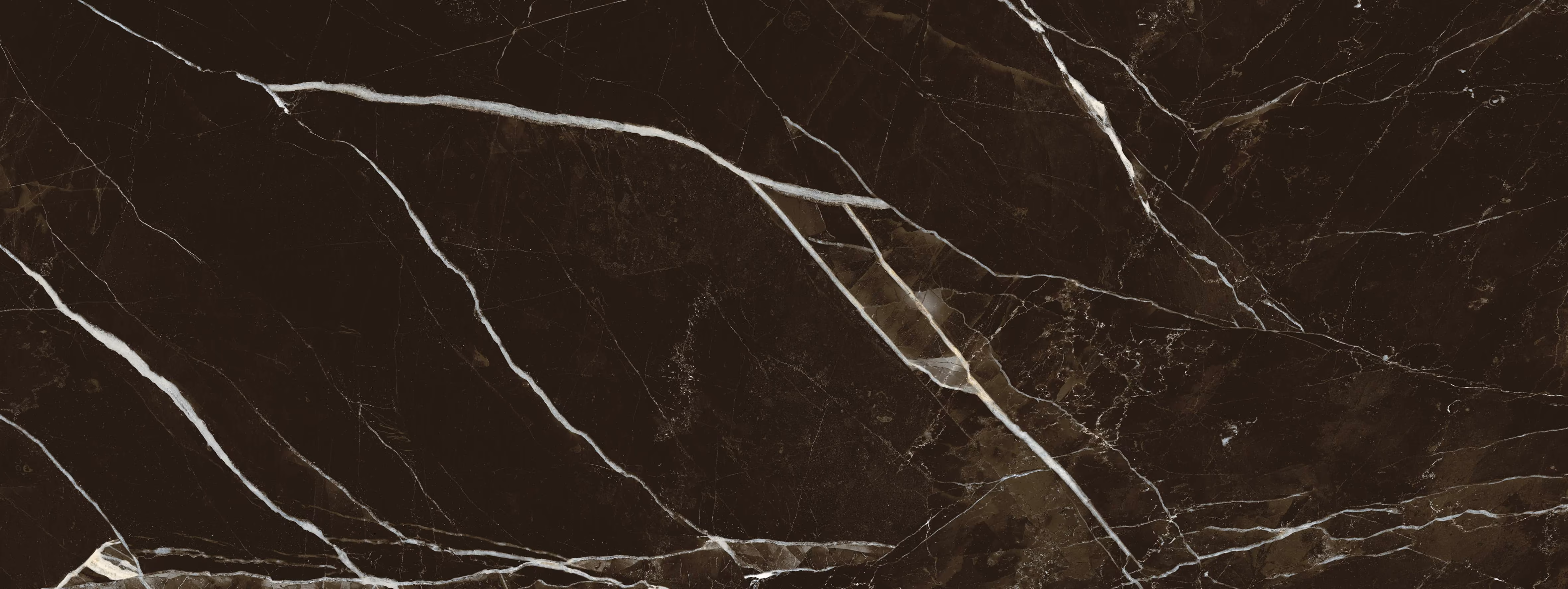 Dark black marble surface with thin white and light brown veins running across it.