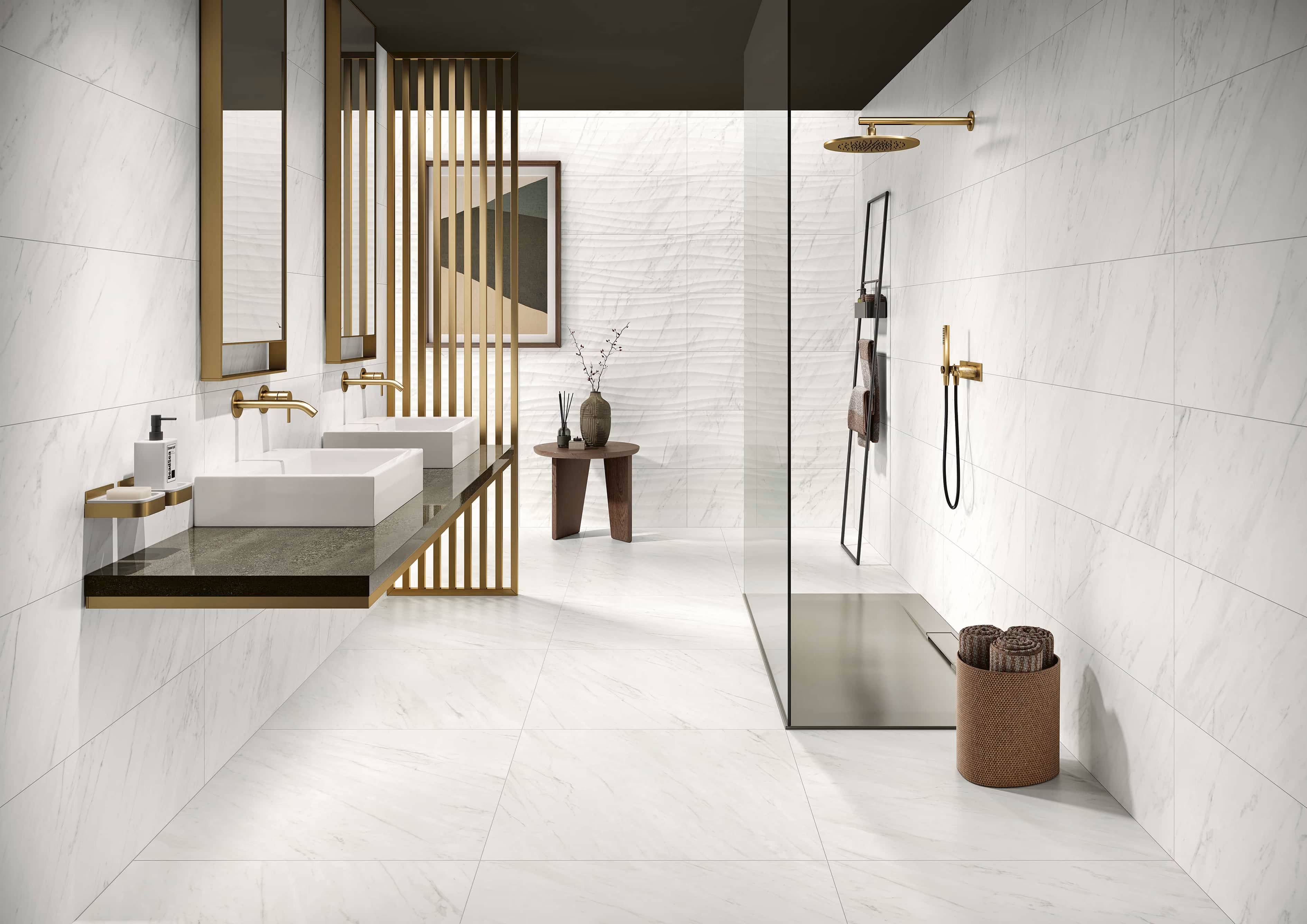 Modern bathroom with double sinks, large mirrors, walk-in shower, and minimalist decor in white and gold.
