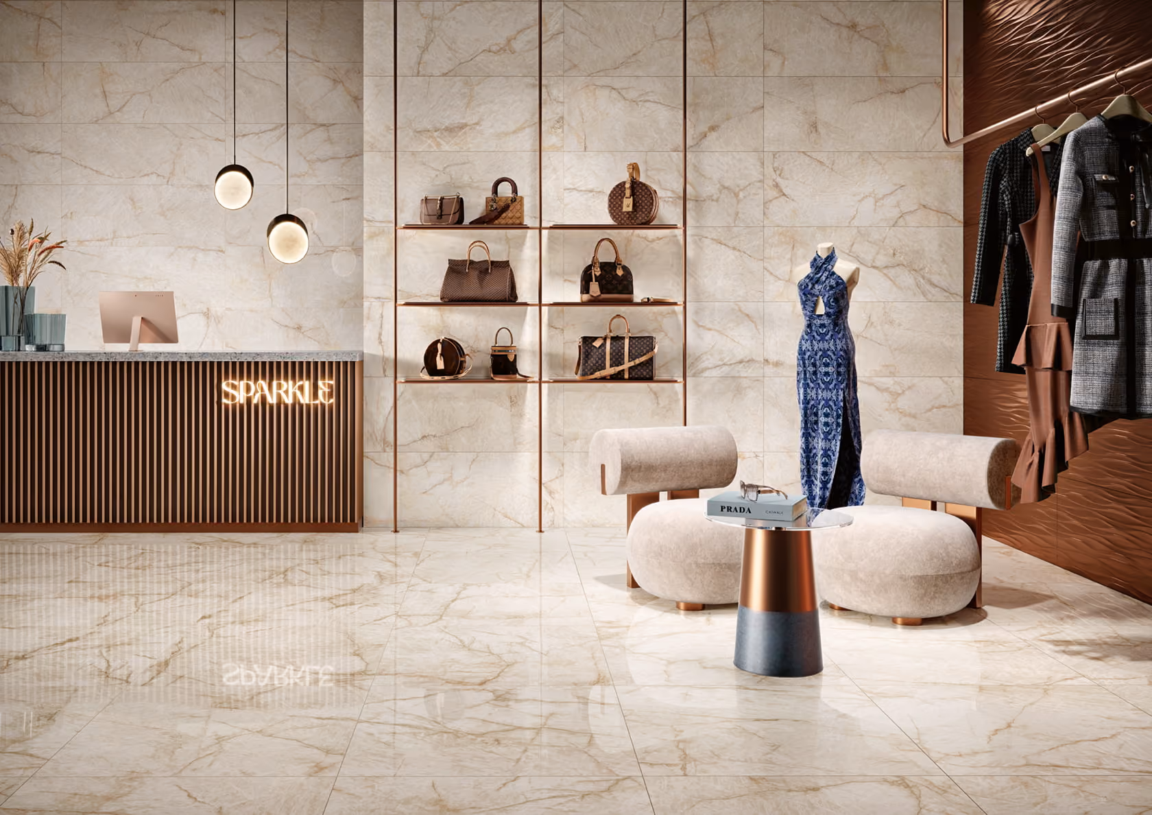 Elegant boutique interior with marble floors, display shelves of handbags, and mannequin in a blue dress.
