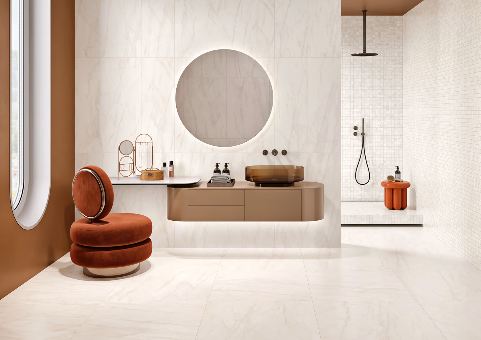 Modern bathroom with round mirror, brown floating vanity, orange chair, and open shower area.