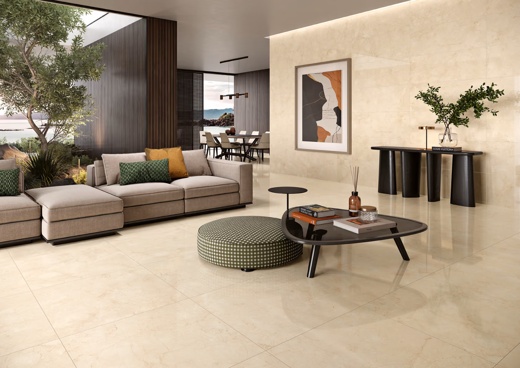 Modern living room with beige sectional sofa, patterned ottoman, black coffee table, and abstract wall art.