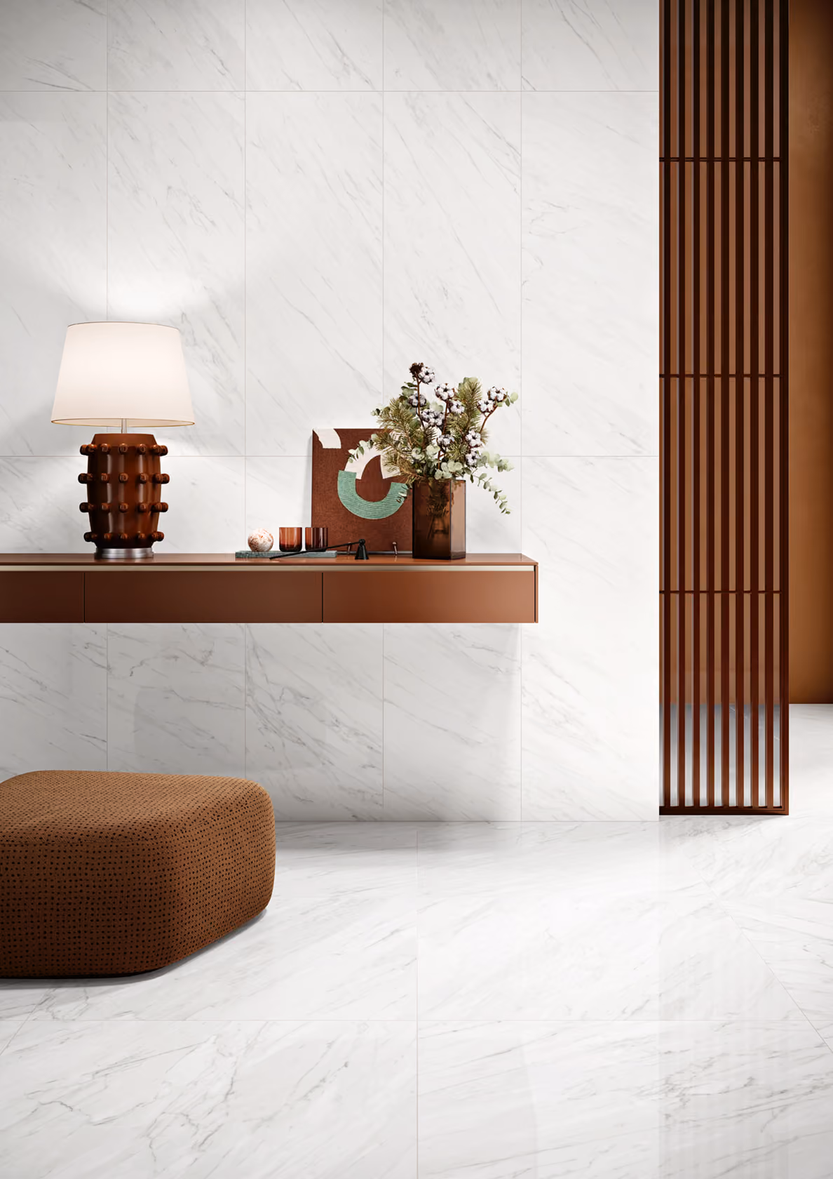 Modern interior with white marble floors and walls, brown floating shelf, lamp, and decor vase.