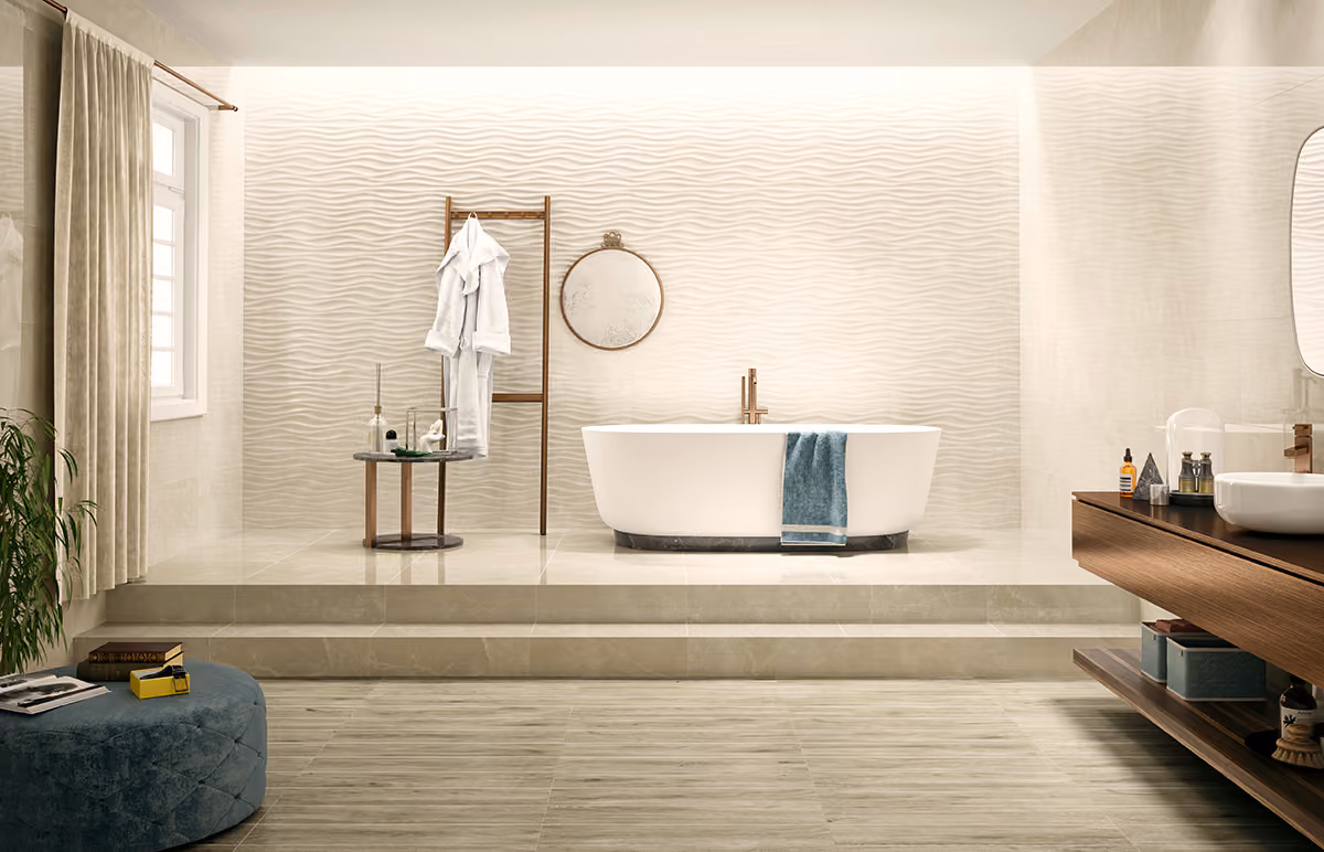 Modern bathroom with freestanding tub, wooden ladder with robes, round mirror, and wooden vanity.