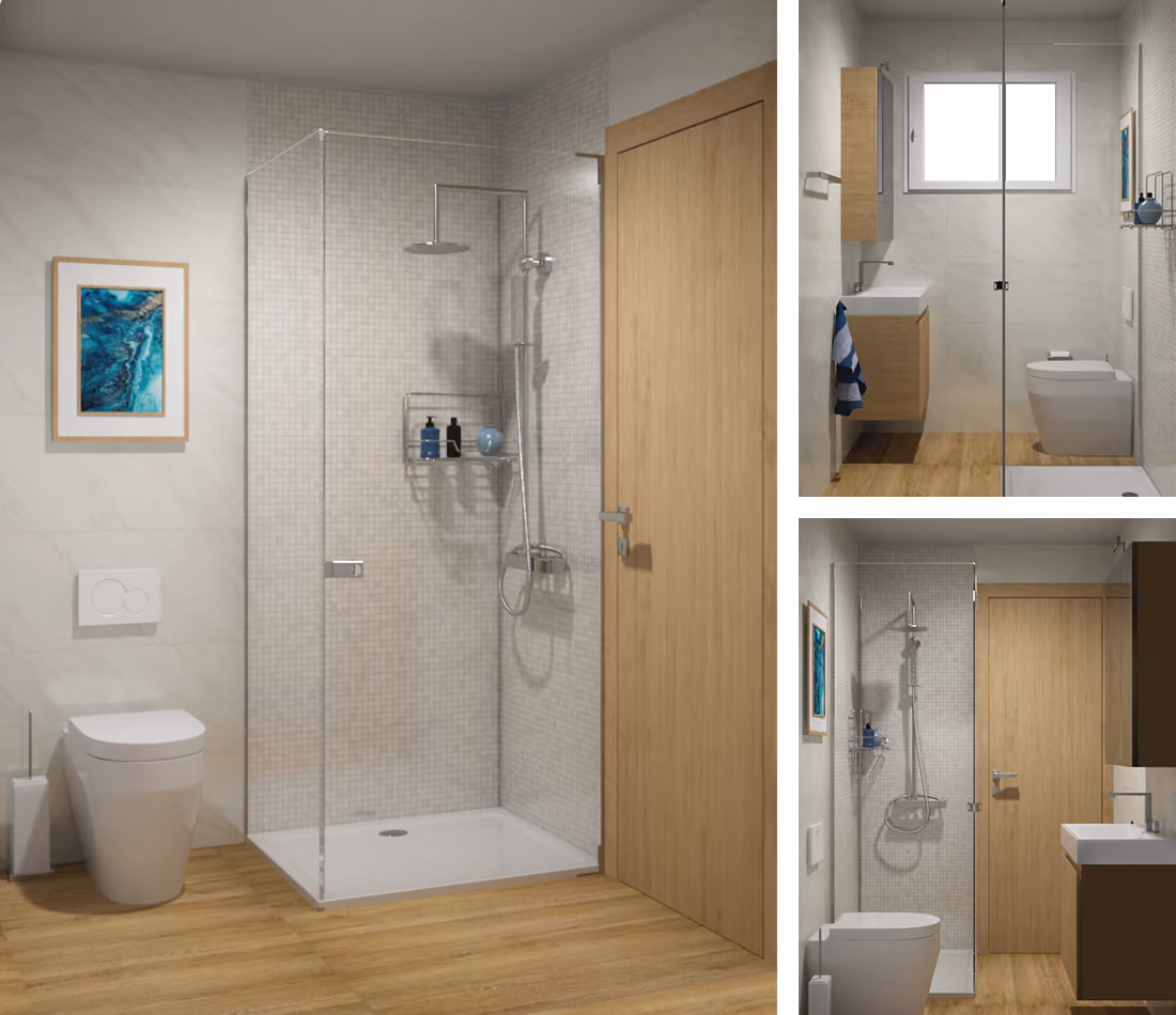 Modern bathroom with glass shower, wooden door, toilet, sink, and wood-look floor tiles.