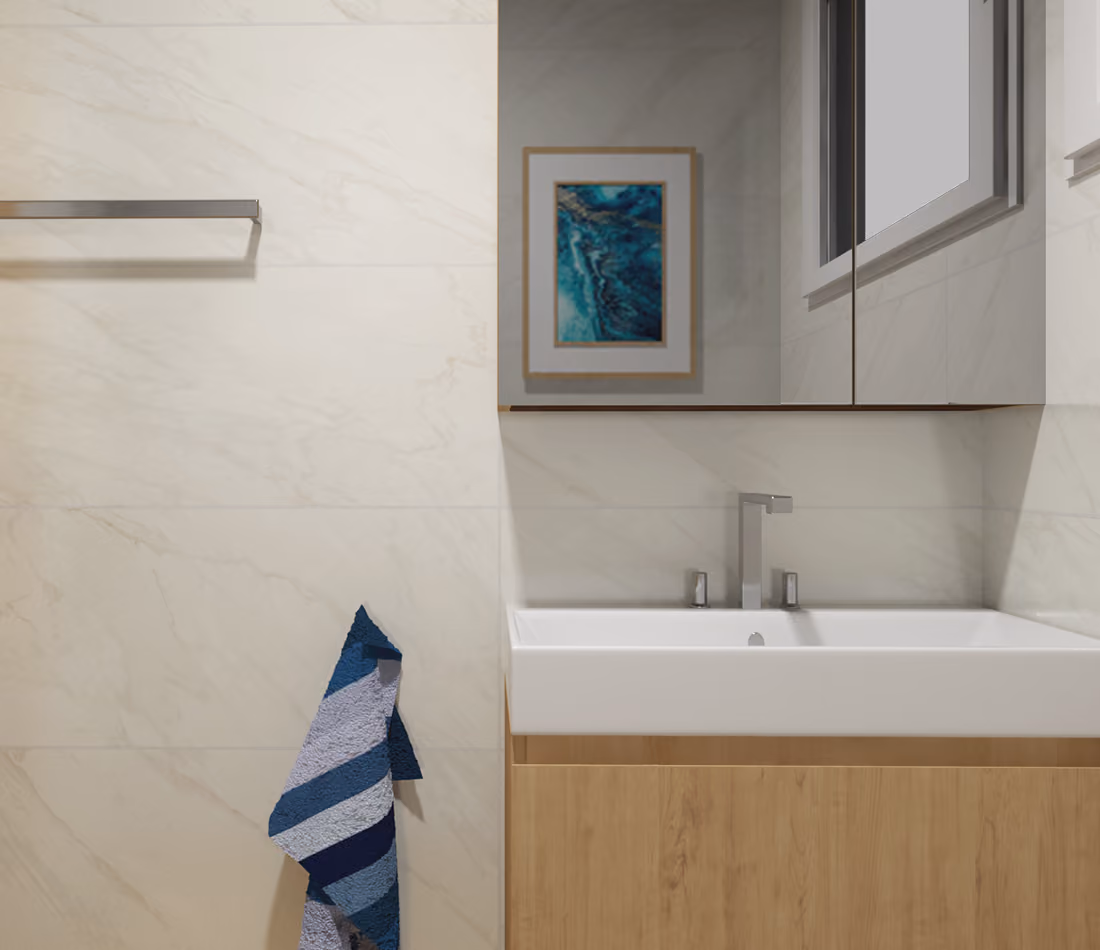 Minimalist bathroom with wood vanity, white sink, wall mirror, and blue-striped towel hanging on beige wall.