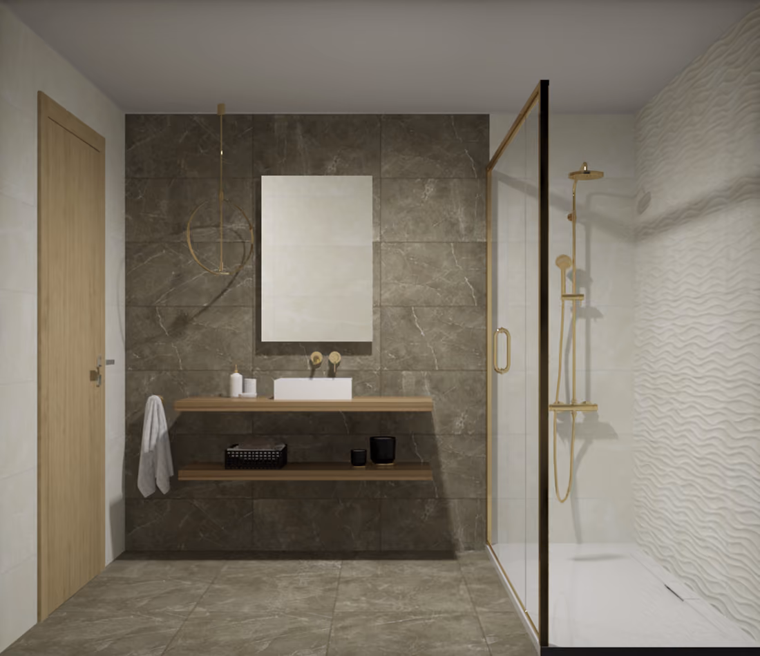 Modern bathroom with dark marble tiles, wooden door, floating wooden shelves, and gold shower frame.