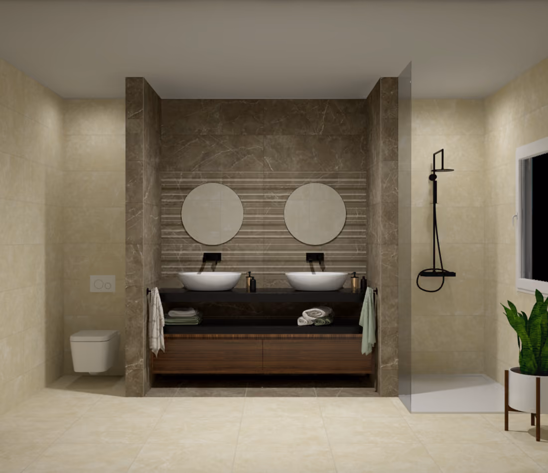 Modern bathroom with double sink, round mirrors, wall-mounted toilet, and black shower fixtures.
