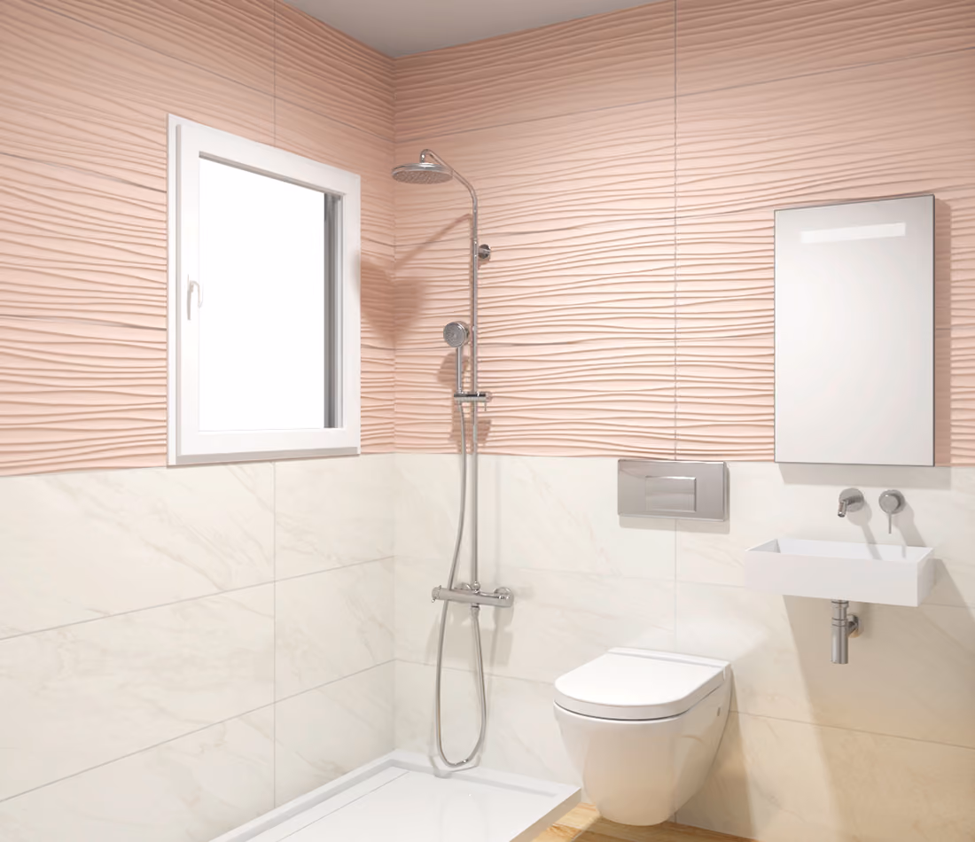 Minimal bathroom with wall-mounted toilet, small sink, mirror, and shower with textured upper wall tiles.