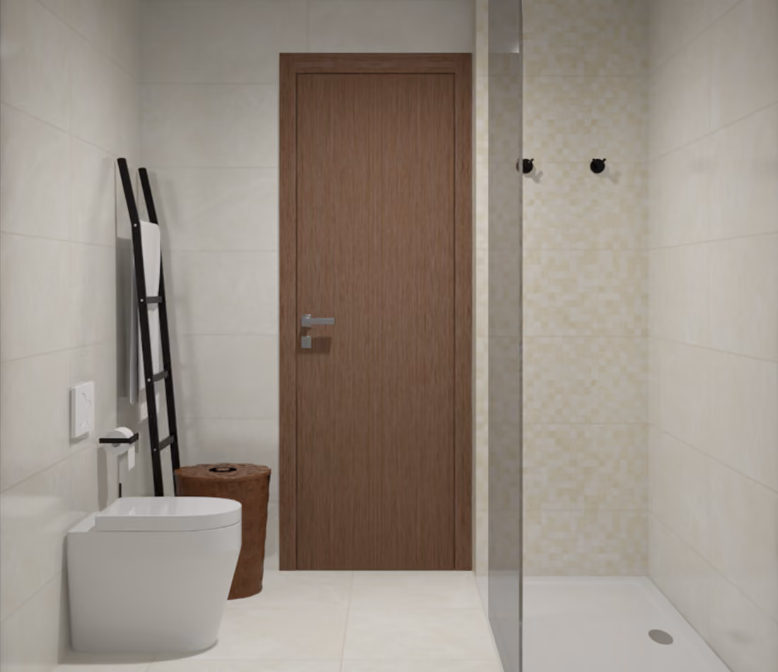 Minimalist bathroom with a white toilet, wooden door, towel ladder, and glass shower enclosure.
