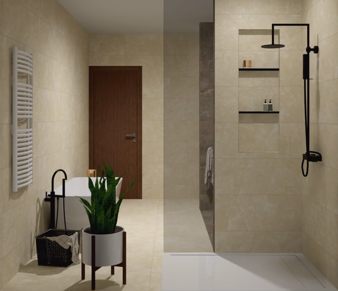 Modern beige tiled bathroom with shower, sink, wooden door, towel rack, plant, and basket.