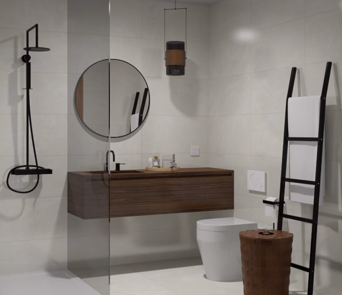 Modern bathroom with floating wood vanity, round mirror, black shower fixture, toilet, towel ladder, and wicker basket.