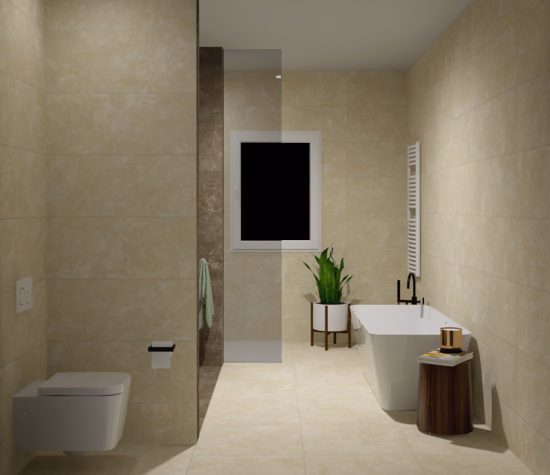 Modern bathroom with beige tiles, white bathtub, floating toilet, plant, and small wooden side table.