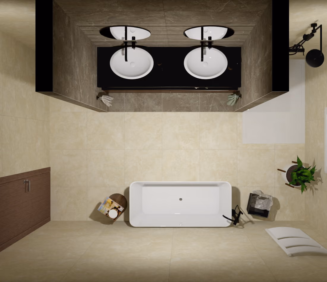Top view of a beige tiled bathroom with double sinks, a rectangular bathtub, a plant, and towels.